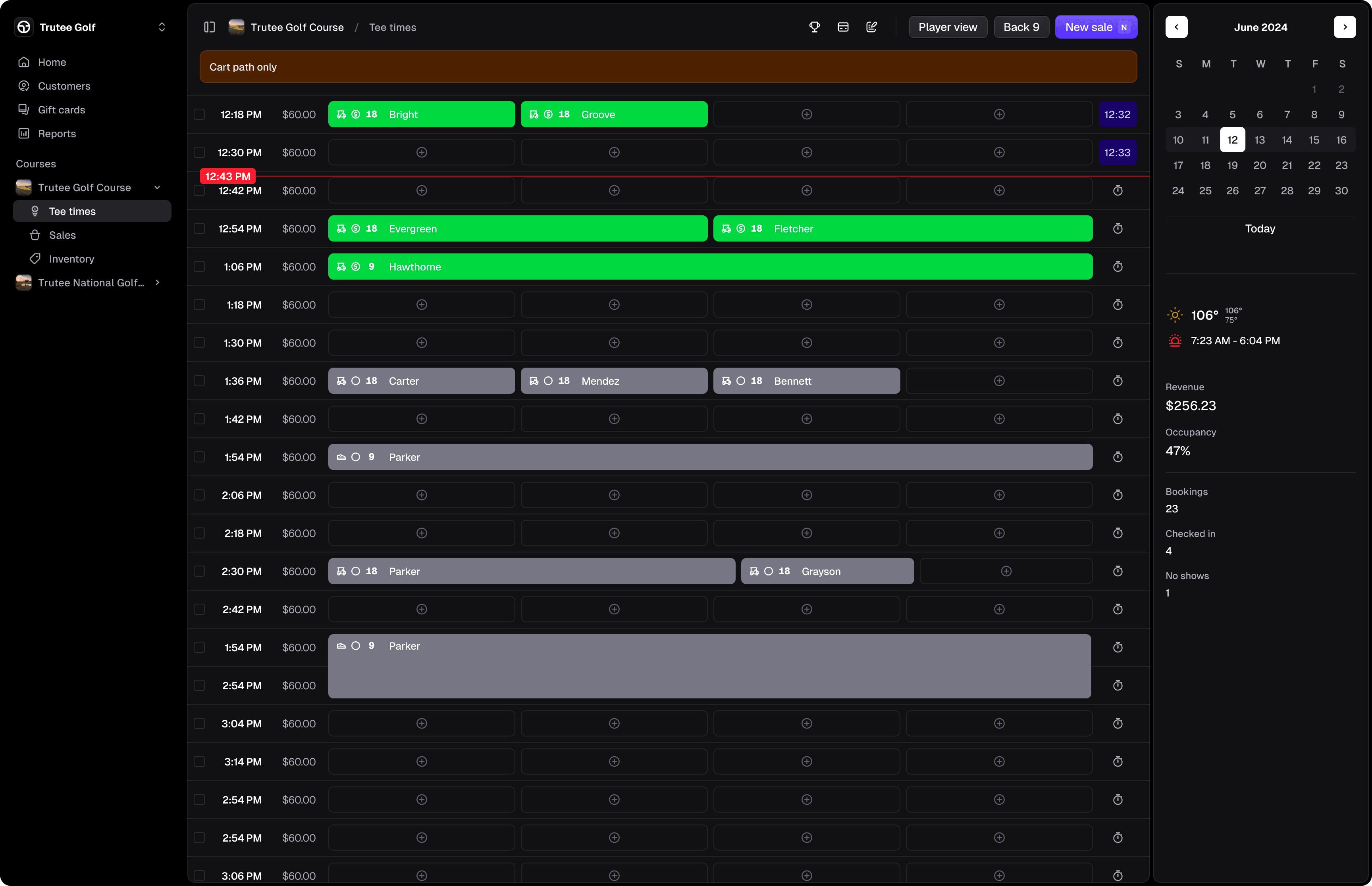 Trutee tee sheet and operations interface